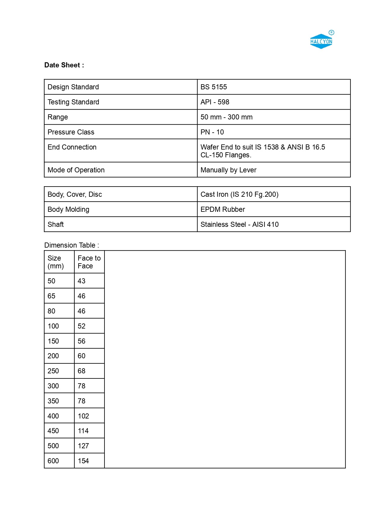 Wafer Type Butterfly Valve-CI Body & CI Disc-Lever Operated PN-10